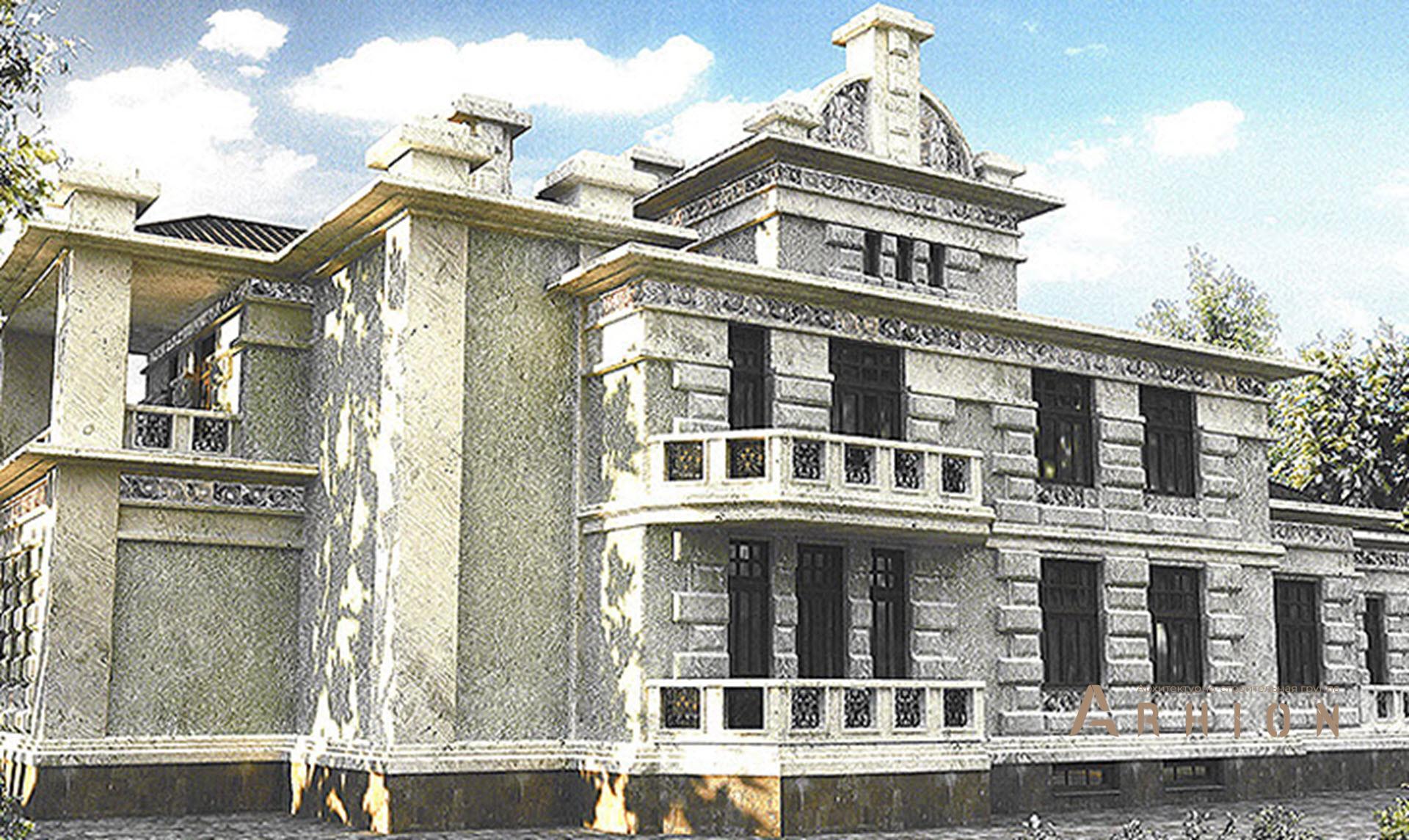 6. Проект двухэтажного дома в замковом стиле с многоскатной кровлей, SOV-8, площадью - 1141 кв c цокольным этажом, терассой, балконом